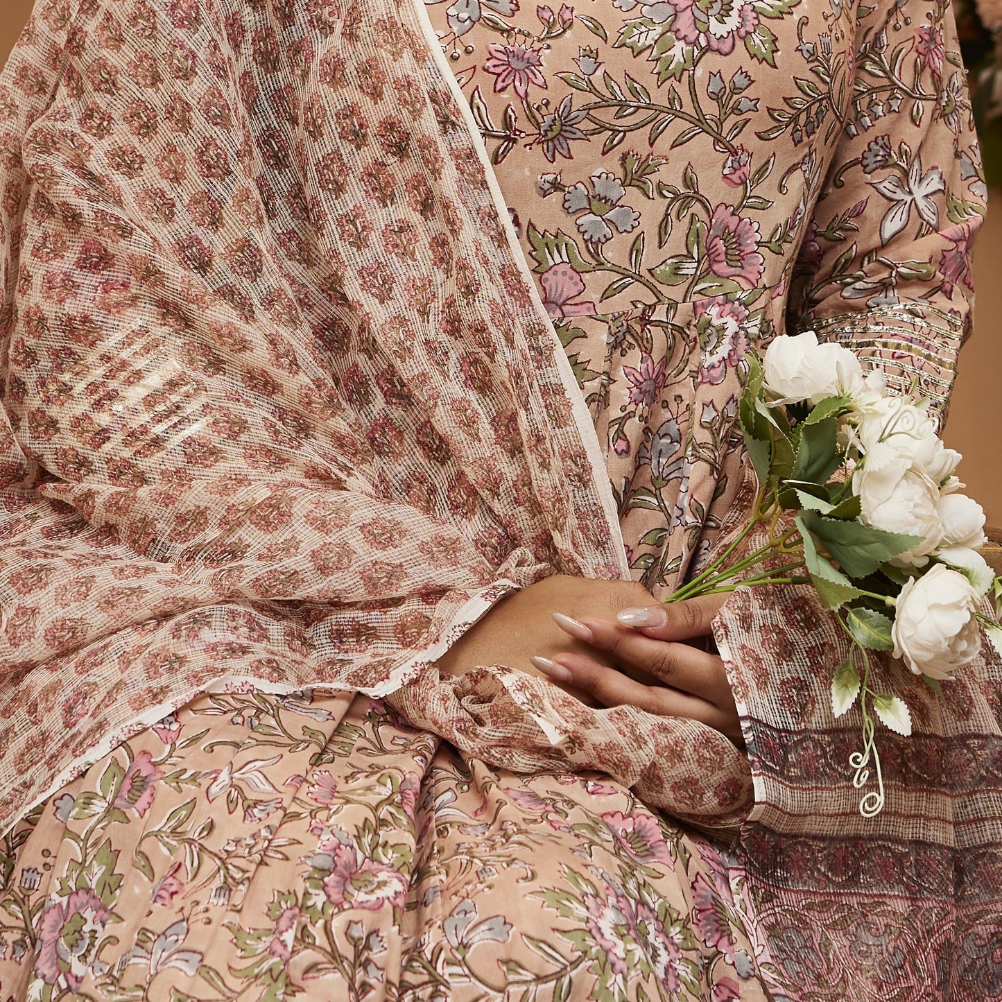 Hand Block Floral Printed Beige Anarkali Cotton Kurta With Trousers & Dupatta | LASVINI - Redefining Indian Fashion with Elegance