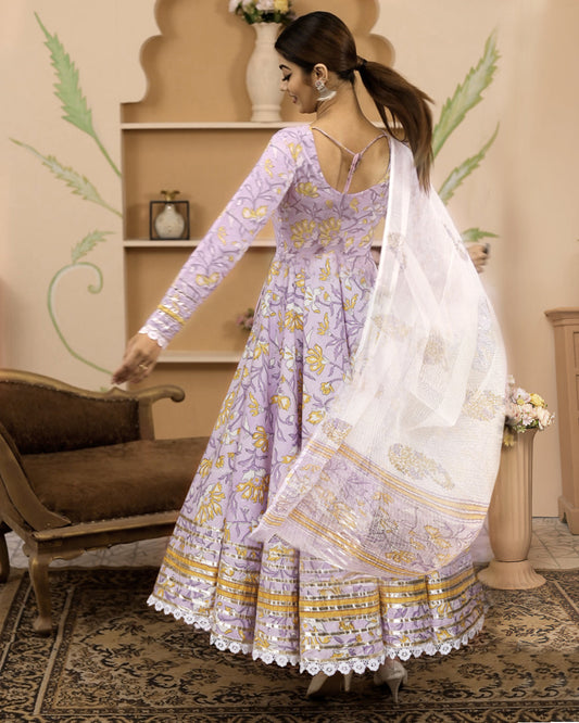 Hand Block Printed Lavender Anarkali Cotton Kurta With Trousers & Dupatta | LASVINI - Redefining Indian Fashion with Elegance