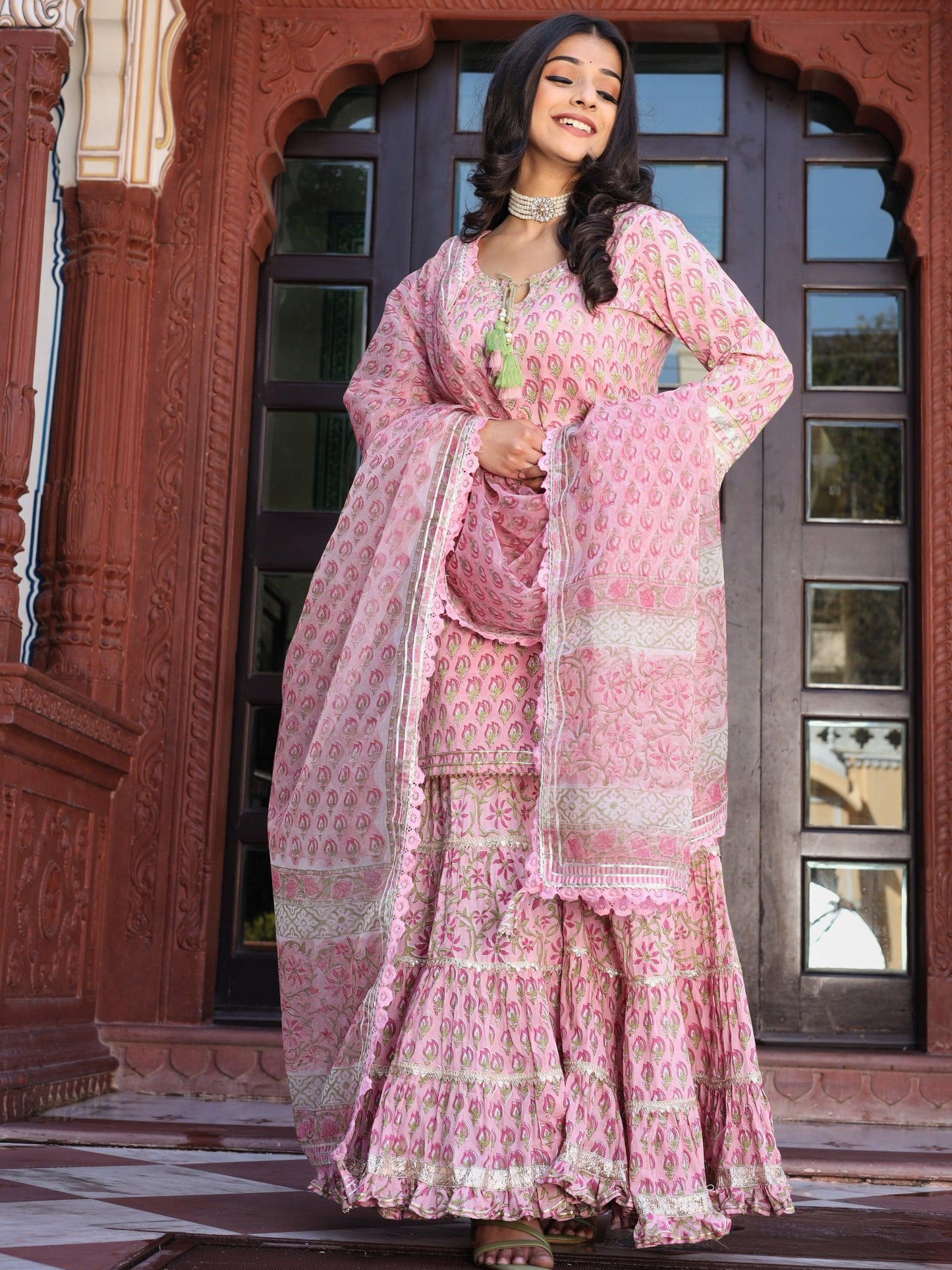 Pink Floral Hand Block Printed Kurta Sharara Set With Dupatta | LASVINI - Redefining Indian Fashion with Elegance
