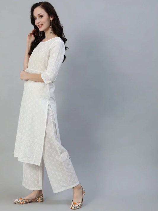 Women Off White Straight Block Print Pure Cotton Kurta & Palazzos | LASVINI - Redefining Indian Fashion with Elegance