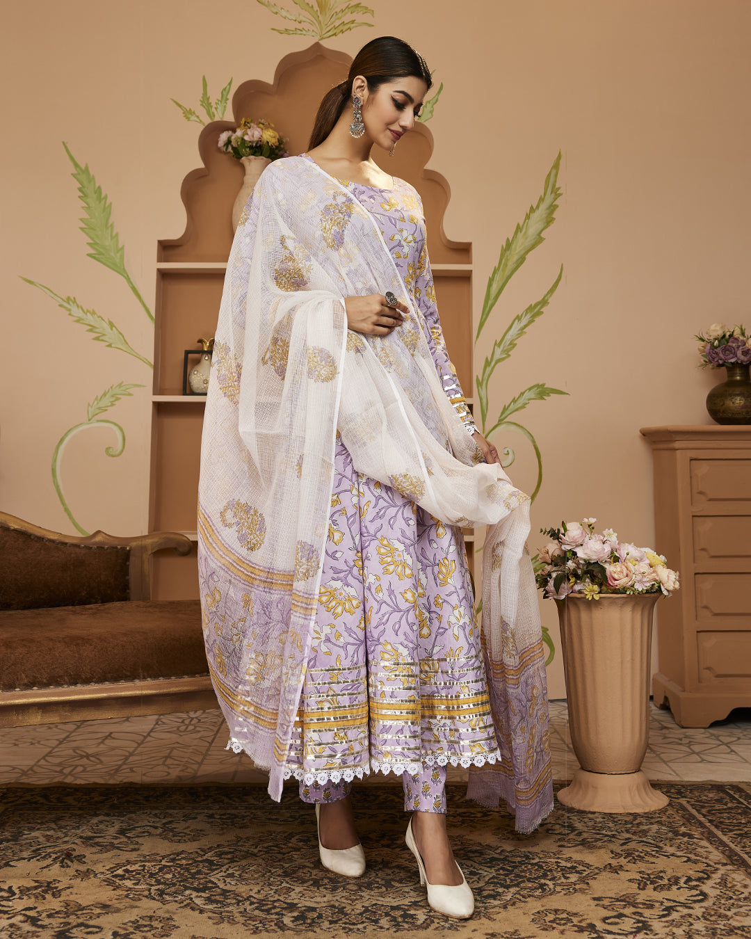 Hand Block Printed Lavender Anarkali Cotton Kurta With Trousers & Dupatta | LASVINI - Redefining Indian Fashion with Elegance