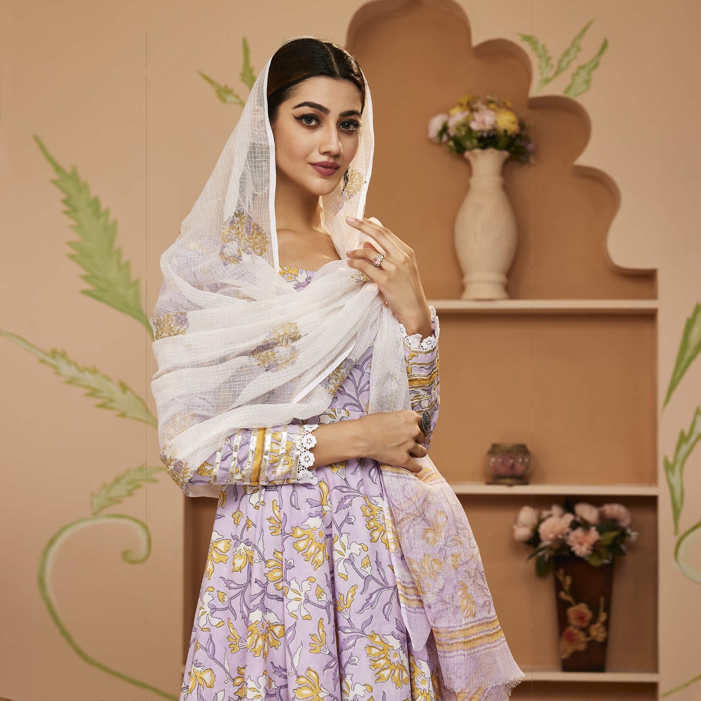 Hand Block Printed Lavender Anarkali Cotton Kurta With Trousers & Dupatta | LASVINI - Redefining Indian Fashion with Elegance