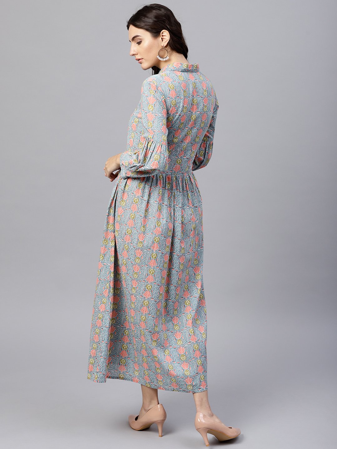Powder Blue Printed Maxi Dress With Shirt Collar And Full Sleeves | LASVINI - Redefining Indian Fashion with Elegance