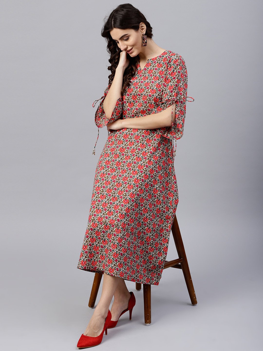 Floral Multi Printed A-Line Kurta With Keyhole Neck And 3/4 Sleeves | LASVINI - Redefining Indian Fashion with Elegance