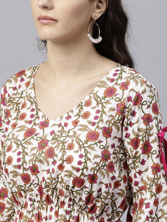 White Cotton Floral Printed A-Line Maxi Dress With V-Neck And Flared Sleeves | LASVINI - Redefining Indian Fashion with Elegance
