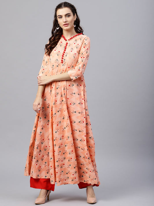 Floral Multi Printed A-Line Maxi Kurta With V-Neck And 3/4 Sleeves | LASVINI - Redefining Indian Fashion with Elegance