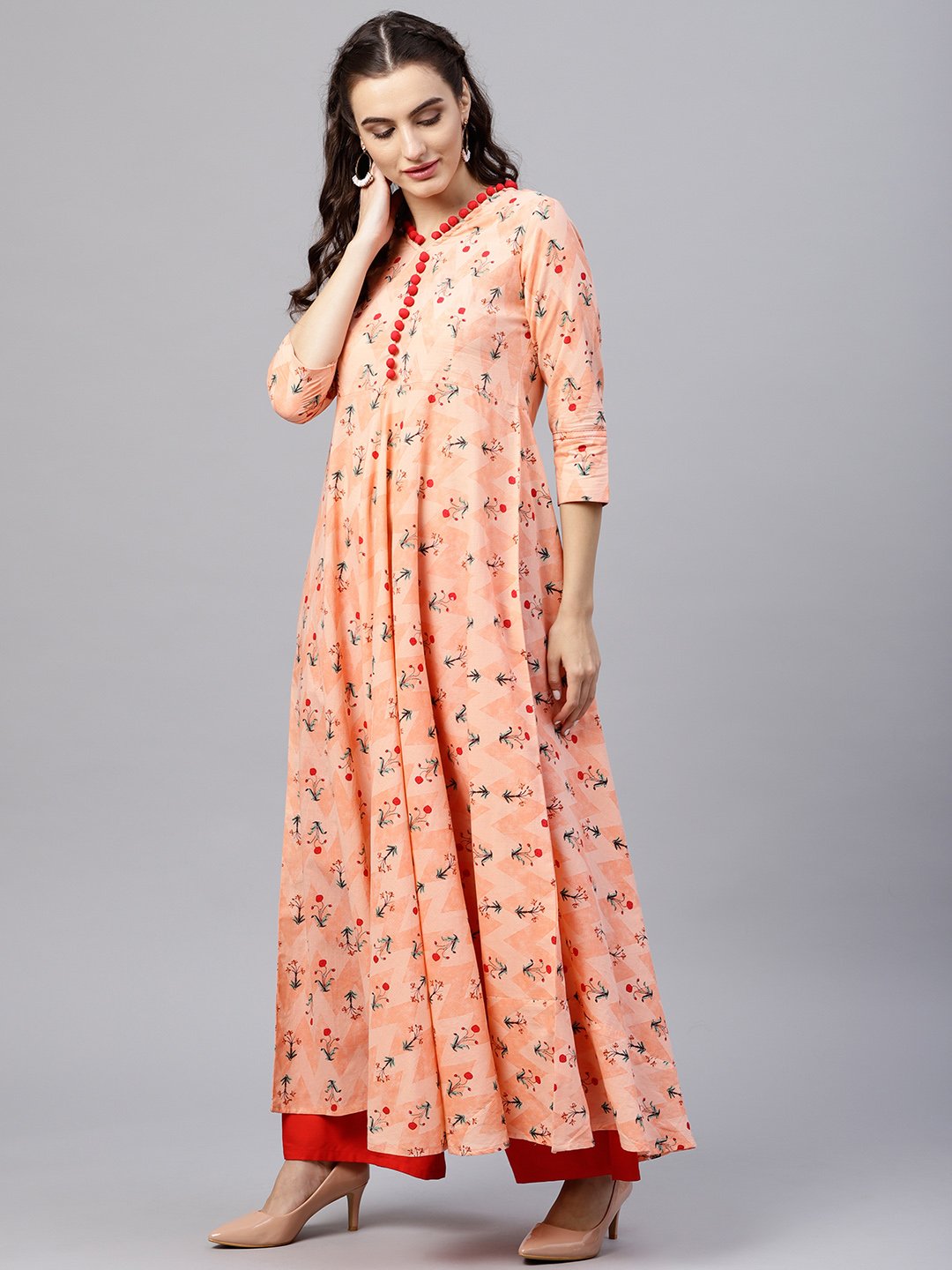 Floral Multi Printed A-Line Maxi Kurta With V-Neck And 3/4 Sleeves | LASVINI - Redefining Indian Fashion with Elegance