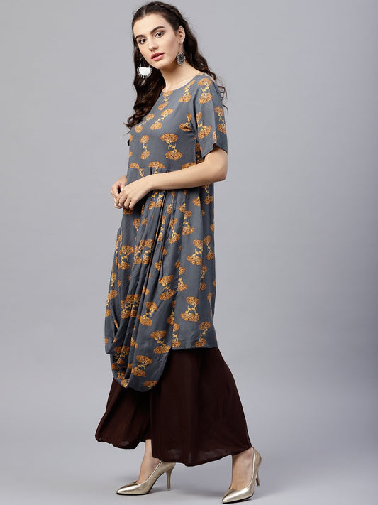 Blue Printed A-Line Kurta With Round Neck And Half Sleeves | LASVINI - Redefining Indian Fashion with Elegance