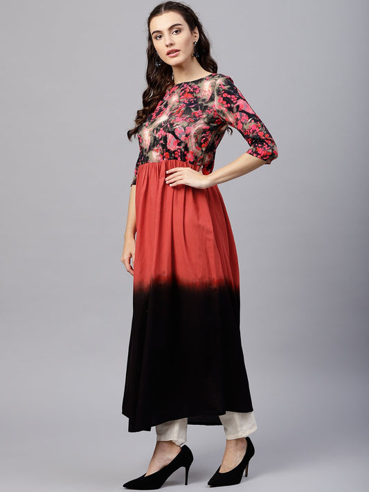 Multi Colored Maxi Kurta With Round Neck And 3/4 Sleeves | LASVINI - Redefining Indian Fashion with Elegance