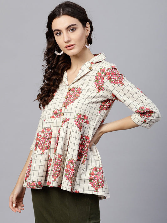 Off White Printed Top With Notched Collar And 3/4 Sleeves | LASVINI - Redefining Indian Fashion with Elegance