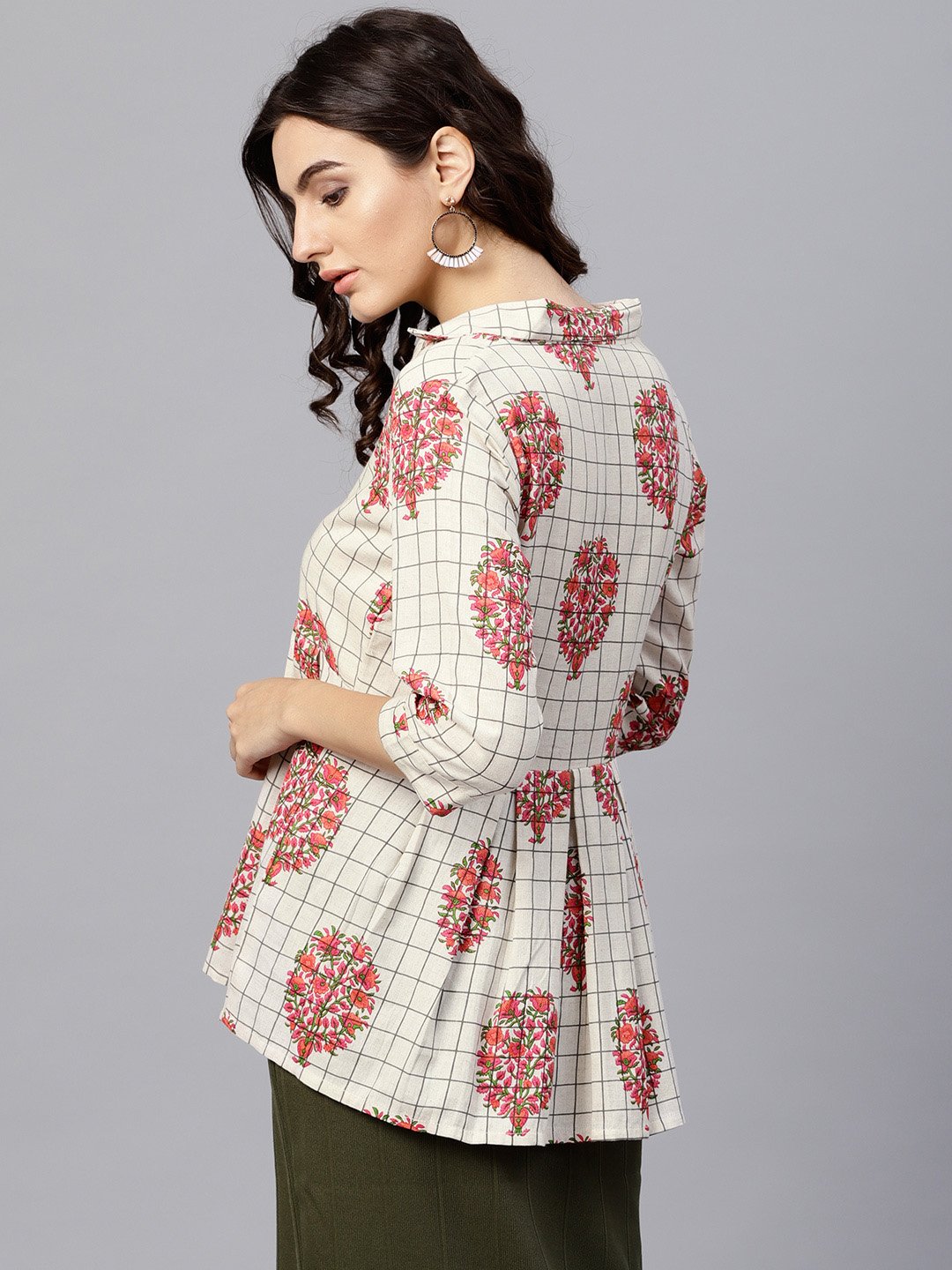 Off White Printed Top With Notched Collar And 3/4 Sleeves | LASVINI - Redefining Indian Fashion with Elegance