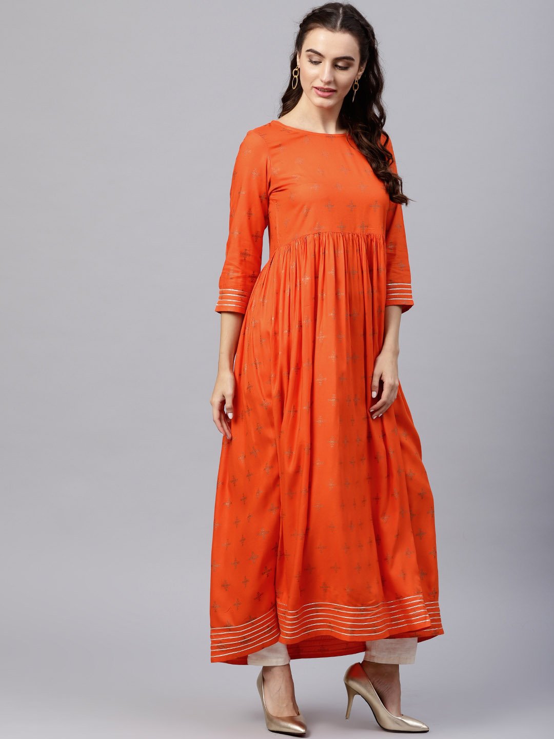 Rusty Orange Printed Kurta With Round Neck And 3/4 Flared Sleeves | LASVINI - Redefining Indian Fashion with Elegance