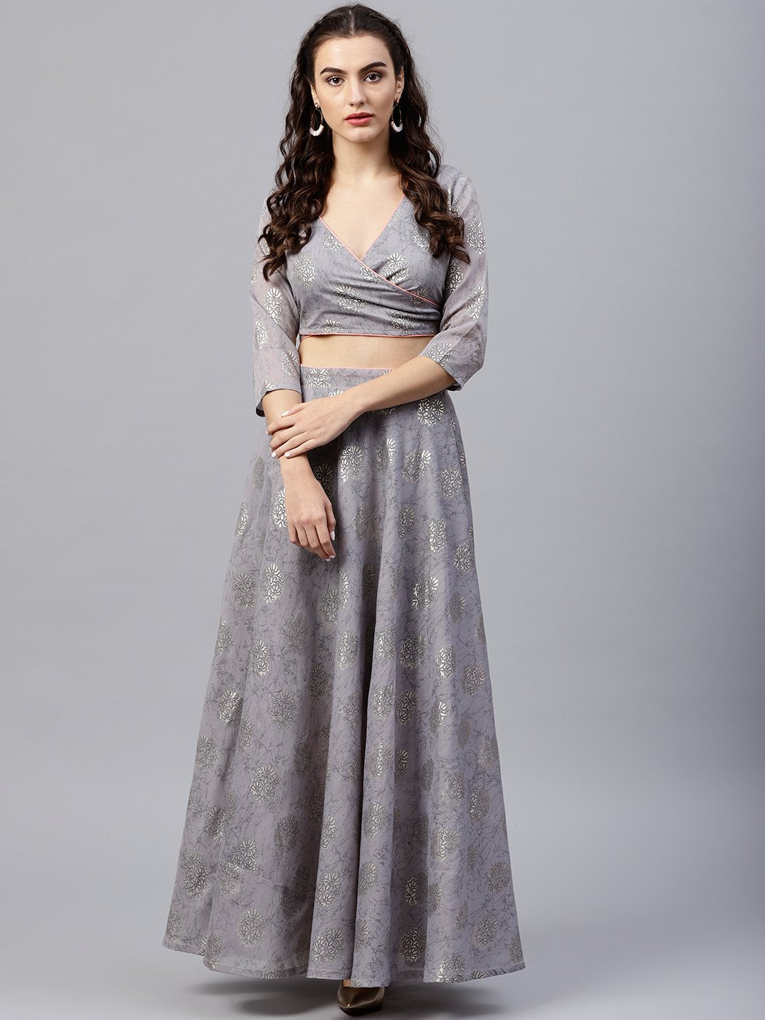 Silver Grey Printed Set Of Blouse And Skirt | LASVINI - Redefining Indian Fashion with Elegance