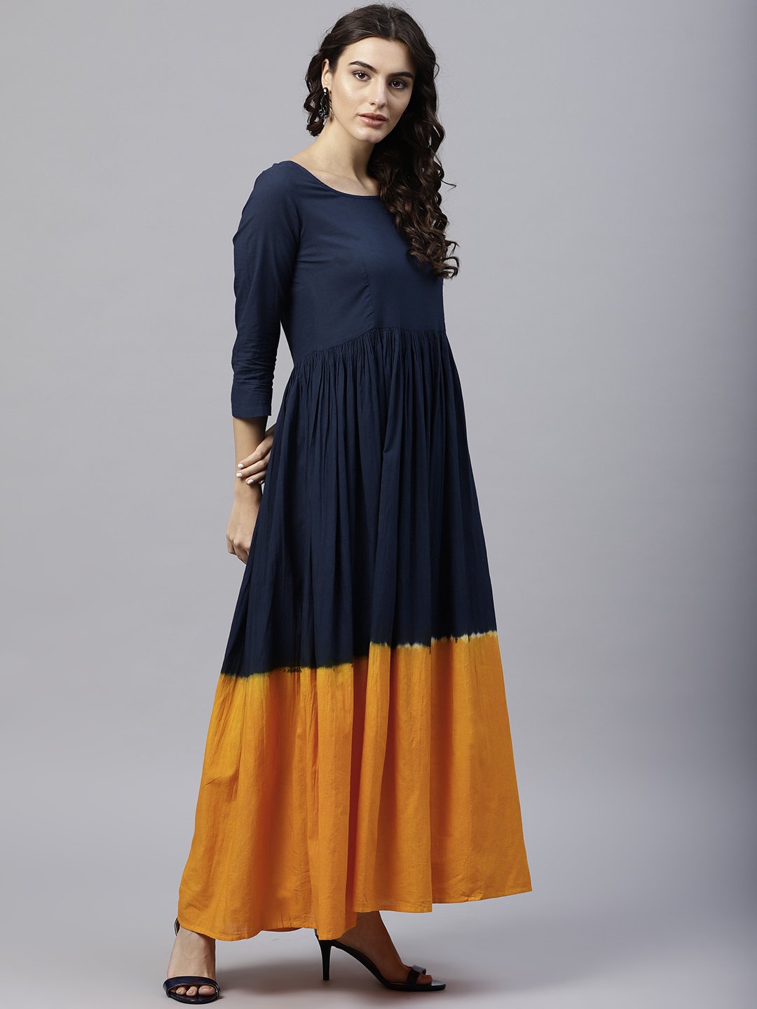 Navy Blue And Orange Ombre Dyed Maxi Dress With Round Neck And 3/4 Sleeves | LASVINI - Redefining Indian Fashion with Elegance