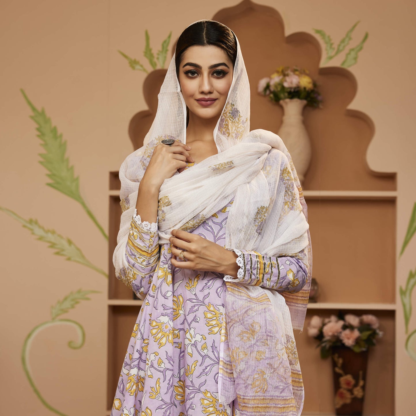 Hand Block Printed Lavender Anarkali Cotton Kurta With Trousers & Dupatta | LASVINI - Redefining Indian Fashion with Elegance