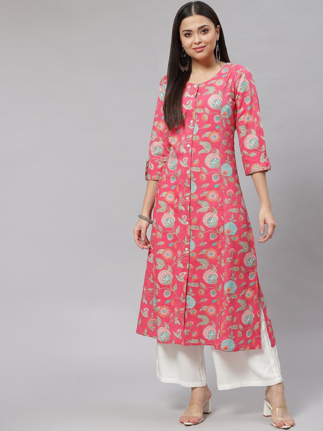 Pink Floral Cotton Flex A-Line Kurta | LASVINI - Redefining Indian Fashion with Elegance