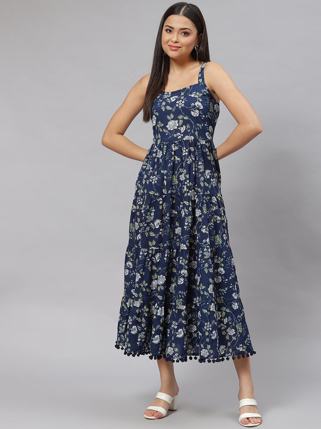 Blue Floral Shoulder Strip Long Dress | LASVINI - Redefining Indian Fashion with Elegance