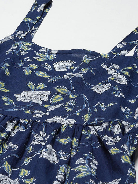 Blue Floral Shoulder Strip Long Dress | LASVINI - Redefining Indian Fashion with Elegance