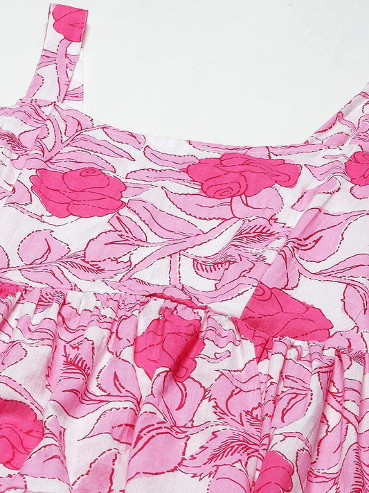 White & Pink Floral Shoulder Strip Long Dress | LASVINI - Redefining Indian Fashion with Elegance