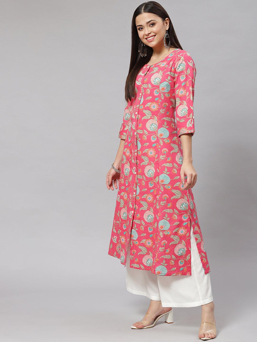 Pink Floral Cotton Flex A-Line Kurta | LASVINI - Redefining Indian Fashion with Elegance