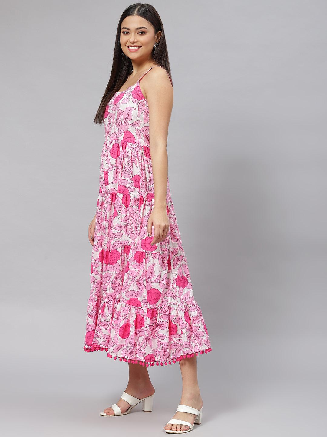 White & Pink Floral Shoulder Strip Long Dress | LASVINI - Redefining Indian Fashion with Elegance