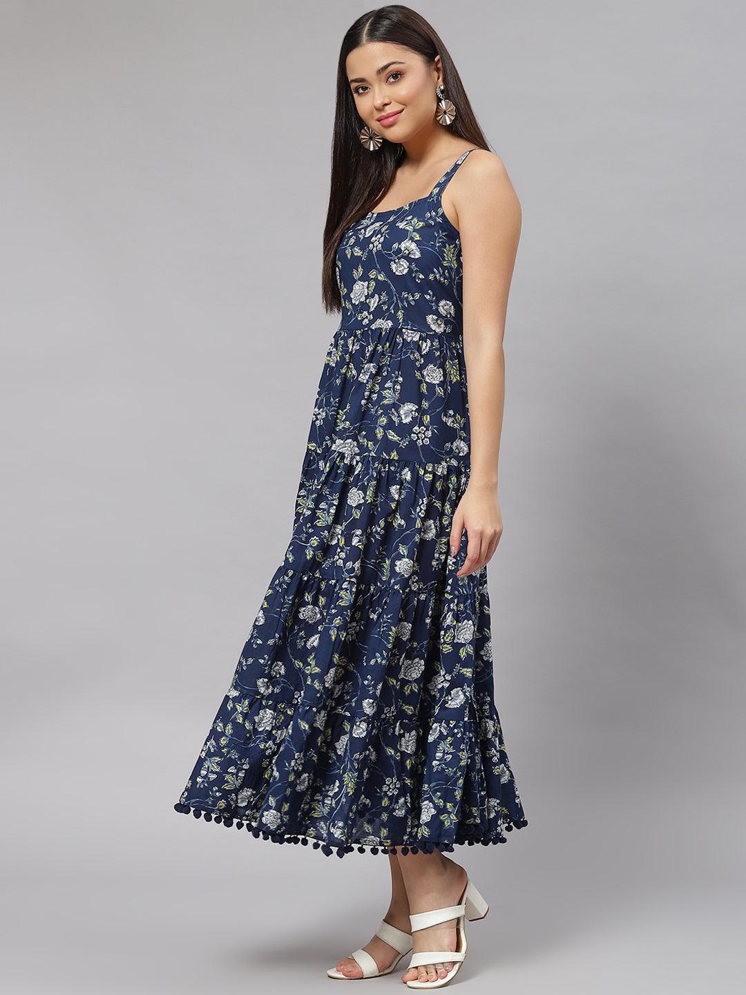 Blue Floral Shoulder Strip Long Dress | LASVINI - Redefining Indian Fashion with Elegance