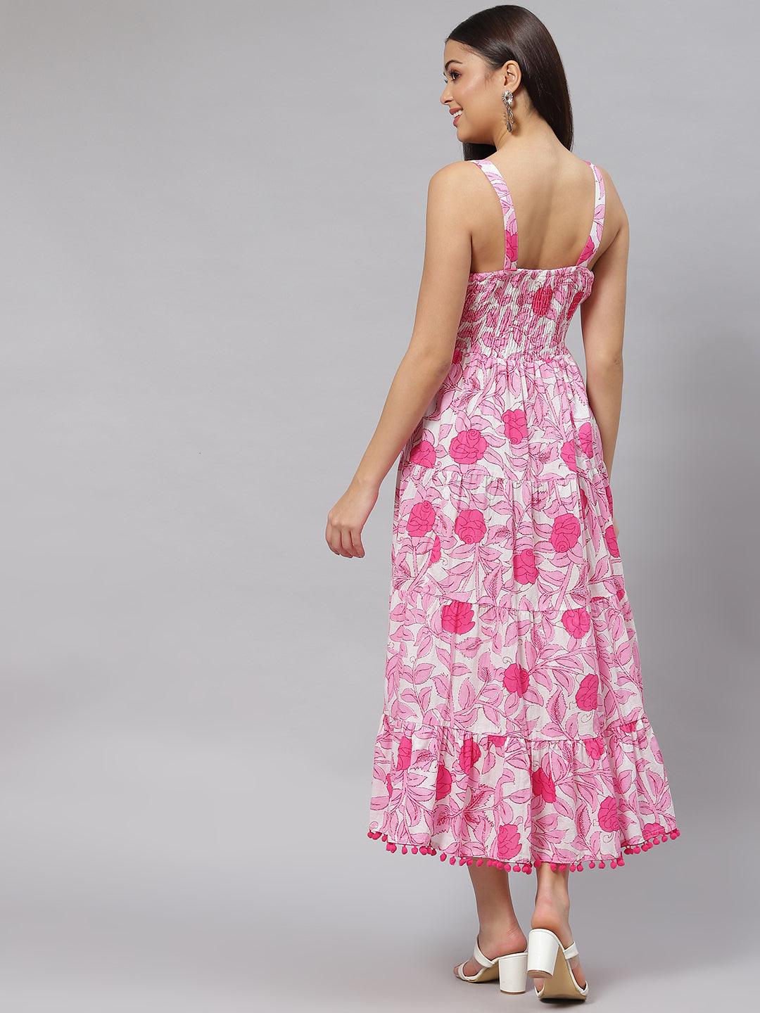 White & Pink Floral Shoulder Strip Long Dress | LASVINI - Redefining Indian Fashion with Elegance