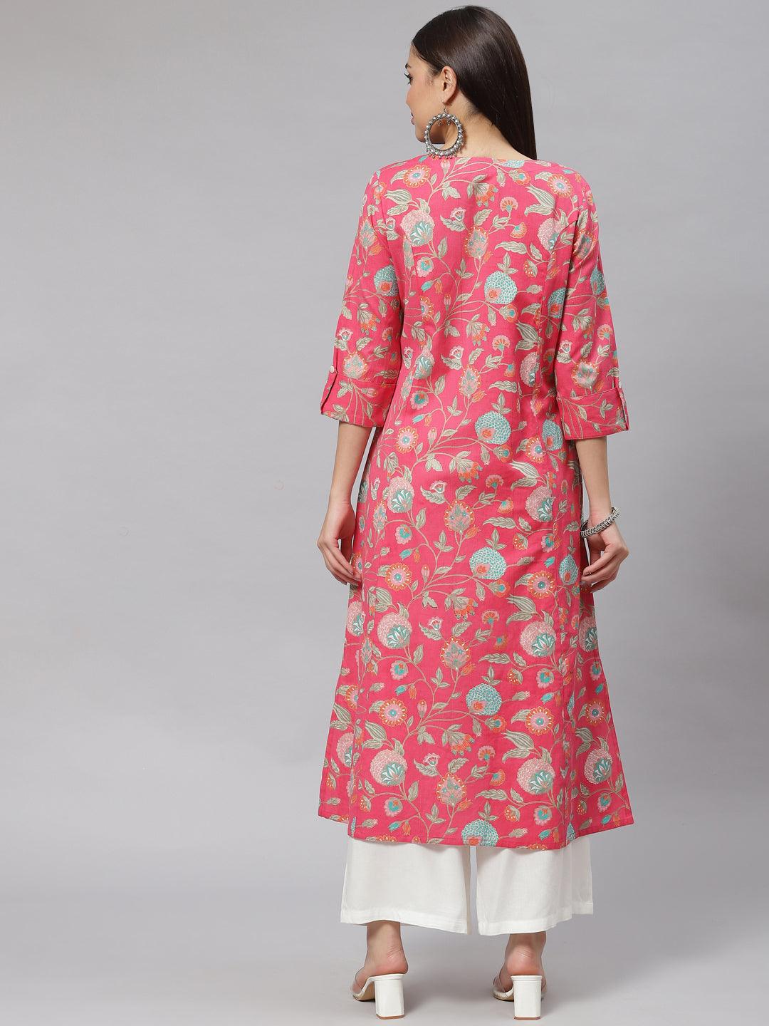 Pink Floral Cotton Flex A-Line Kurta | LASVINI - Redefining Indian Fashion with Elegance