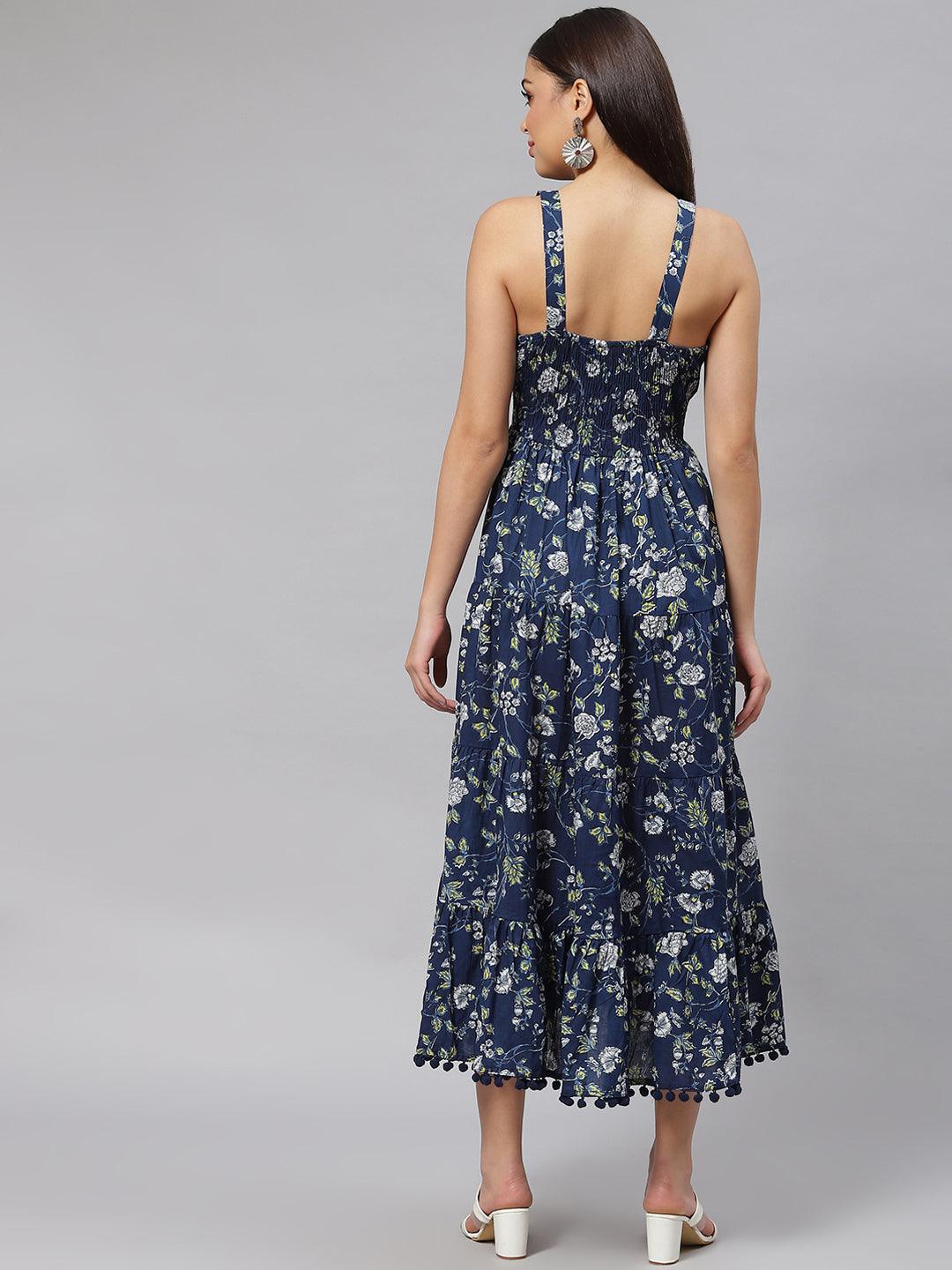Blue Floral Shoulder Strip Long Dress | LASVINI - Redefining Indian Fashion with Elegance