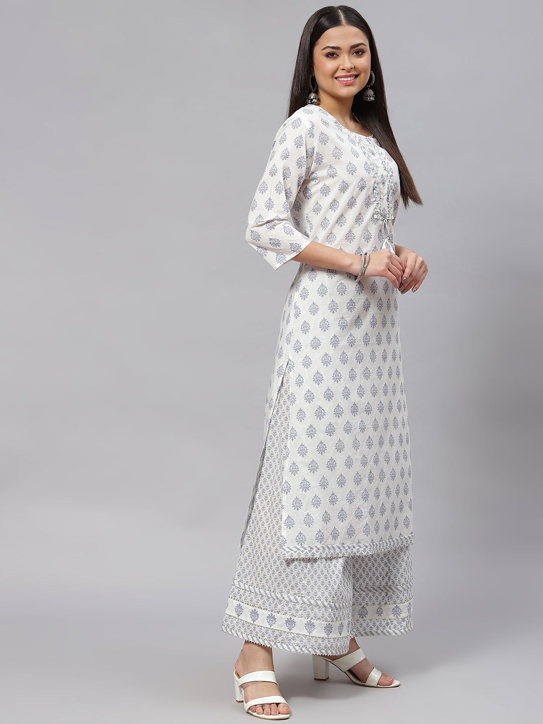 Women White Floral Straight Kurta Palazoo Set With Dupatta | LASVINI - Redefining Indian Fashion with Elegance