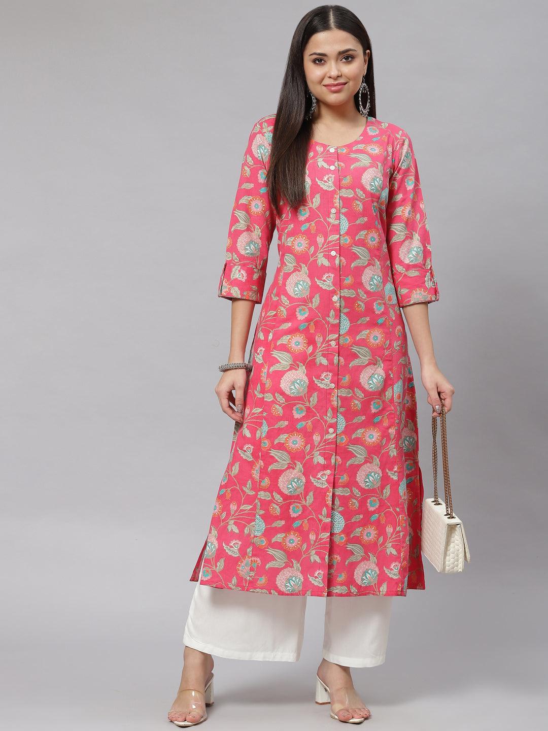 Pink Floral Cotton Flex A-Line Kurta | LASVINI - Redefining Indian Fashion with Elegance