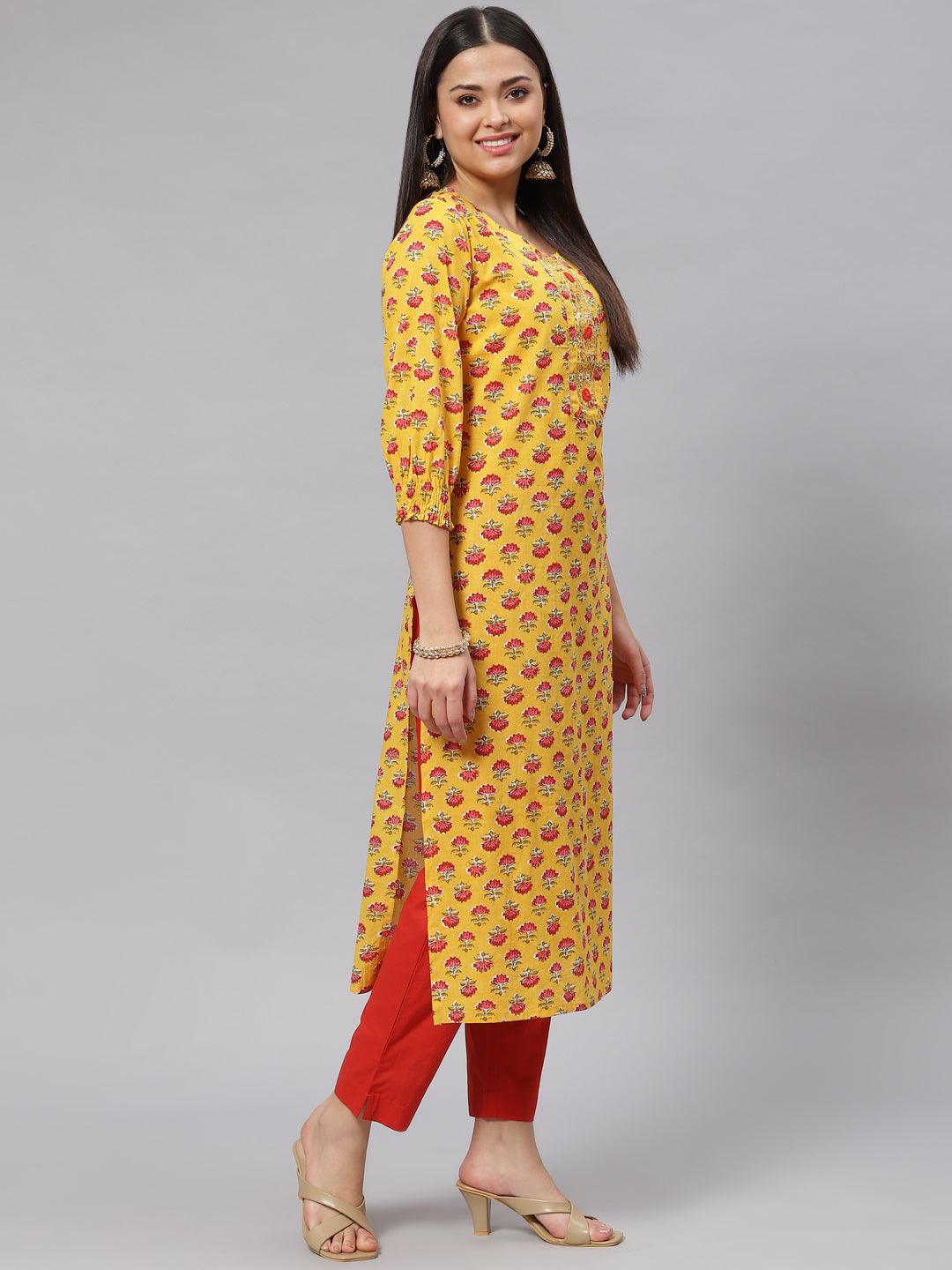 Yellow Floral Cotton Kurta Pant Set With Dupatta | LASVINI - Redefining Indian Fashion with Elegance