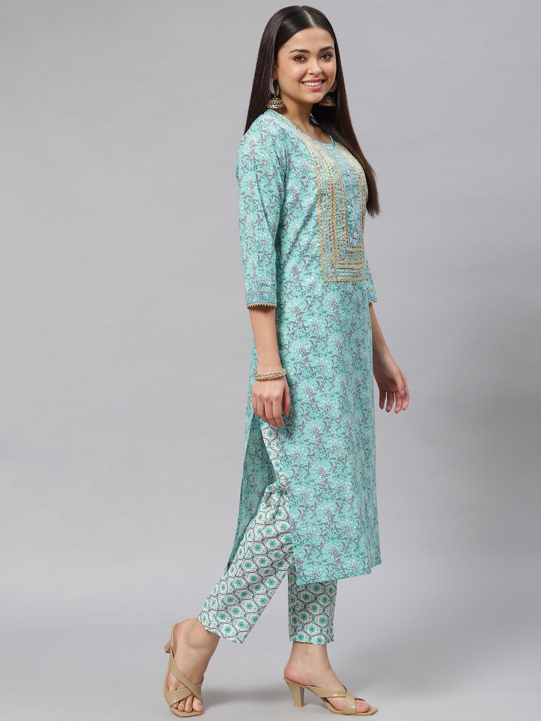 Seagreen Cotton Kurta Pant Set With Dupatta | LASVINI - Redefining Indian Fashion with Elegance