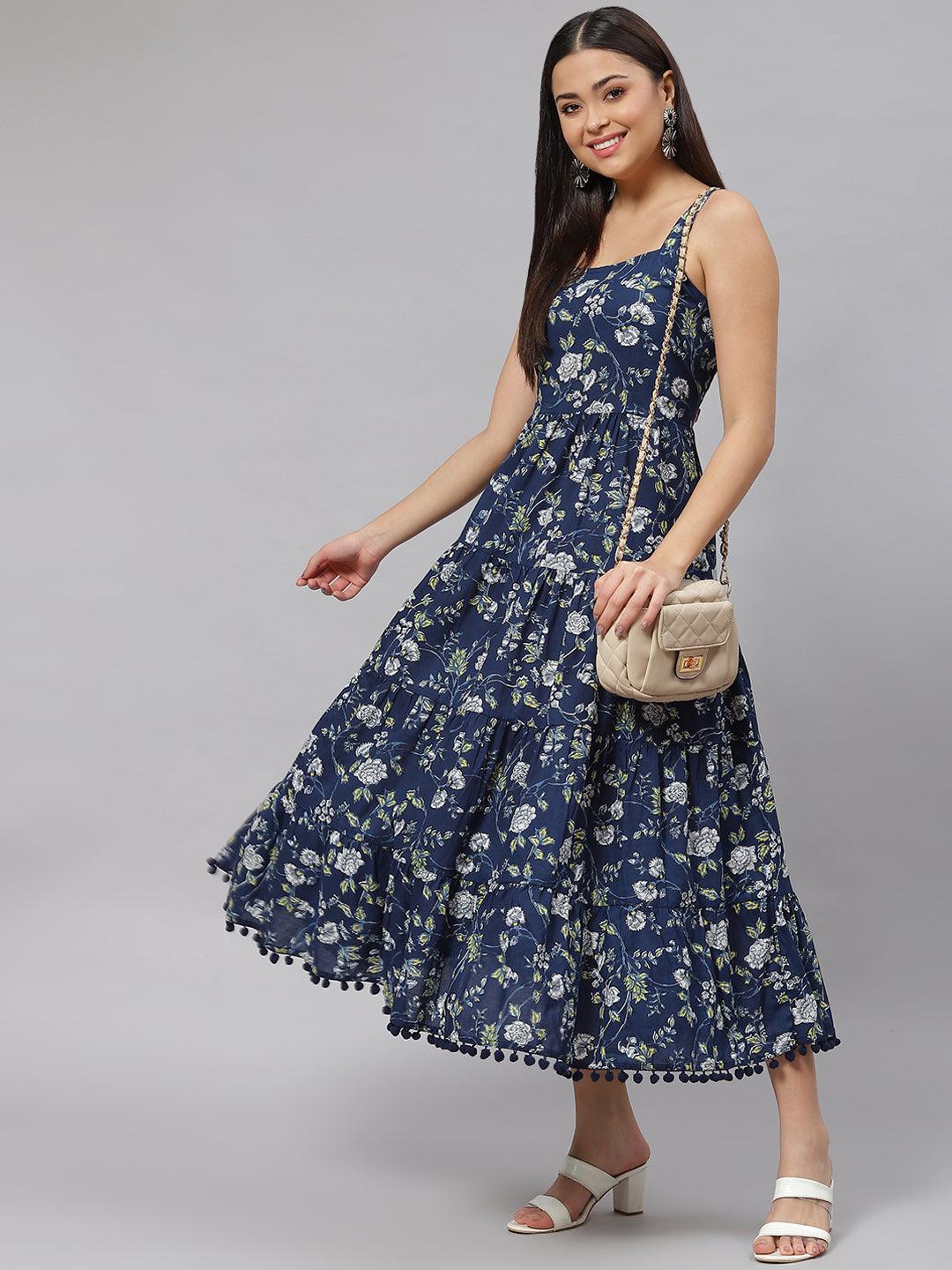 Blue Floral Shoulder Strip Long Dress | LASVINI - Redefining Indian Fashion with Elegance