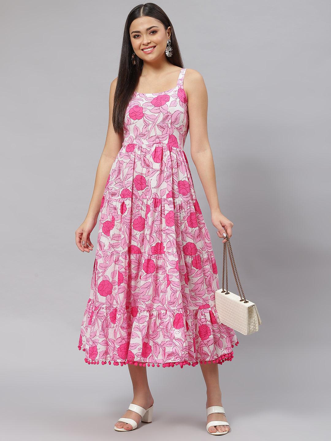 White & Pink Floral Shoulder Strip Long Dress | LASVINI - Redefining Indian Fashion with Elegance