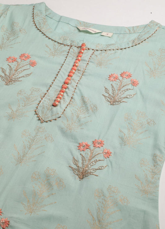 Women'S Sea Green & Peach Cotton Kurta Sharara Set | LASVINI - Redefining Indian Fashion with Elegance