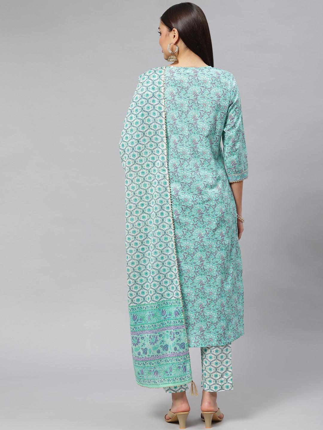 Seagreen Cotton Kurta Pant Set With Dupatta | LASVINI - Redefining Indian Fashion with Elegance