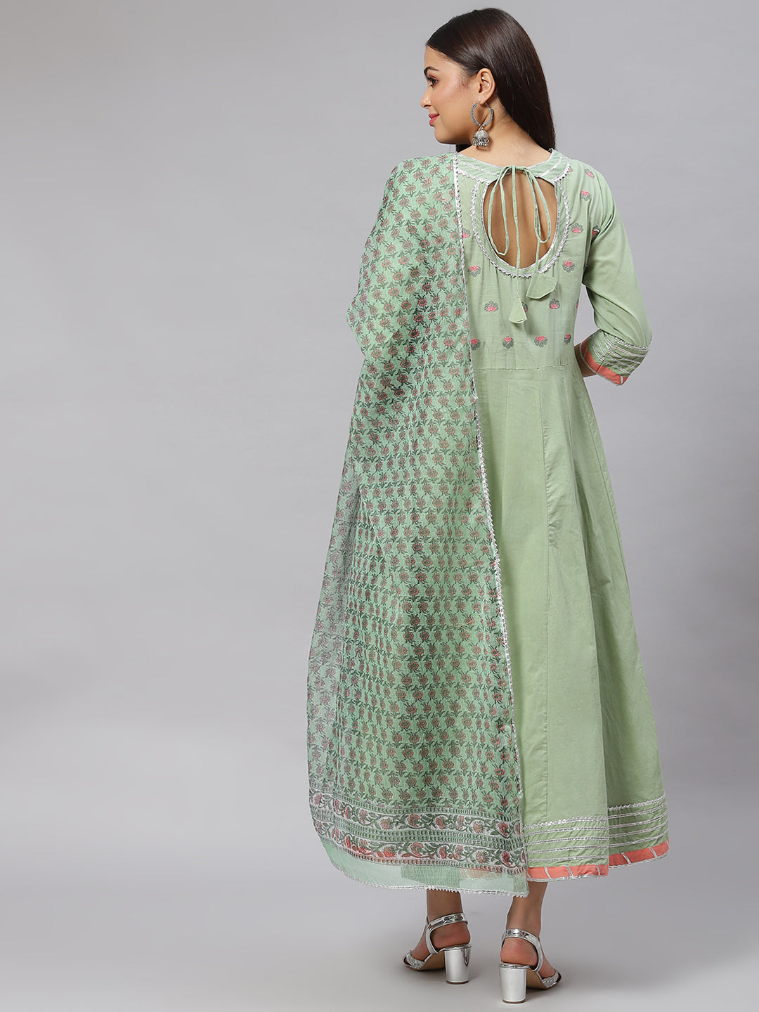 Women Solid Green Anarkali Kurta Pant Set With Kota Doria Dupatta | LASVINI - Redefining Indian Fashion with Elegance