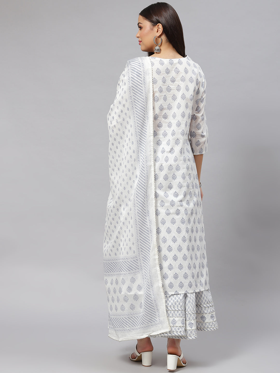 Women White Floral Straight Kurta Palazoo Set With Dupatta | LASVINI - Redefining Indian Fashion with Elegance