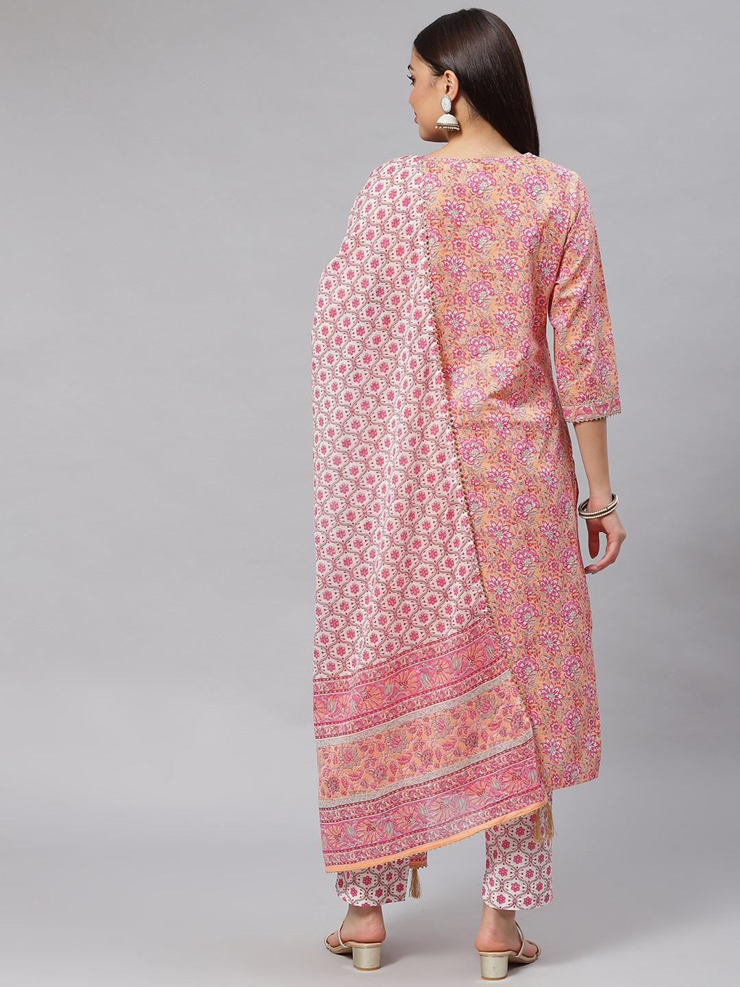 Pink Cotton Kurta Pant Set With Dupatta | LASVINI - Redefining Indian Fashion with Elegance