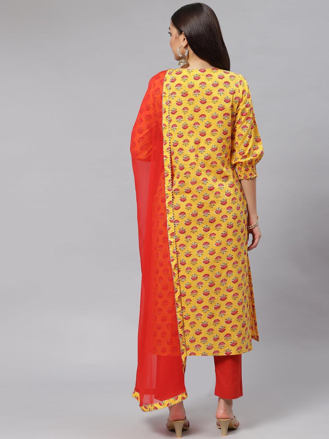 Yellow Floral Cotton Kurta Pant Set With Dupatta | LASVINI - Redefining Indian Fashion with Elegance