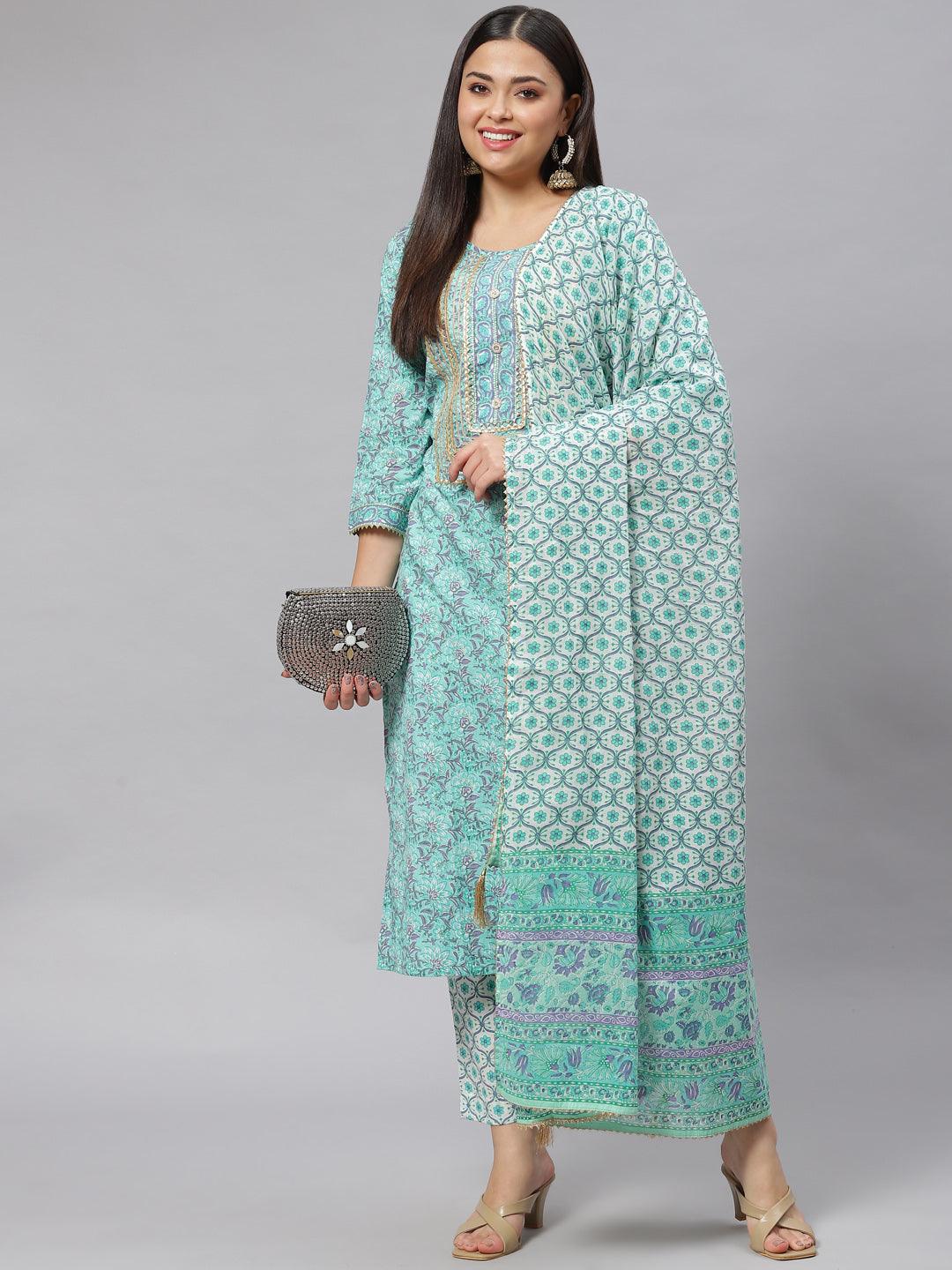 Seagreen Cotton Kurta Pant Set With Dupatta | LASVINI - Redefining Indian Fashion with Elegance
