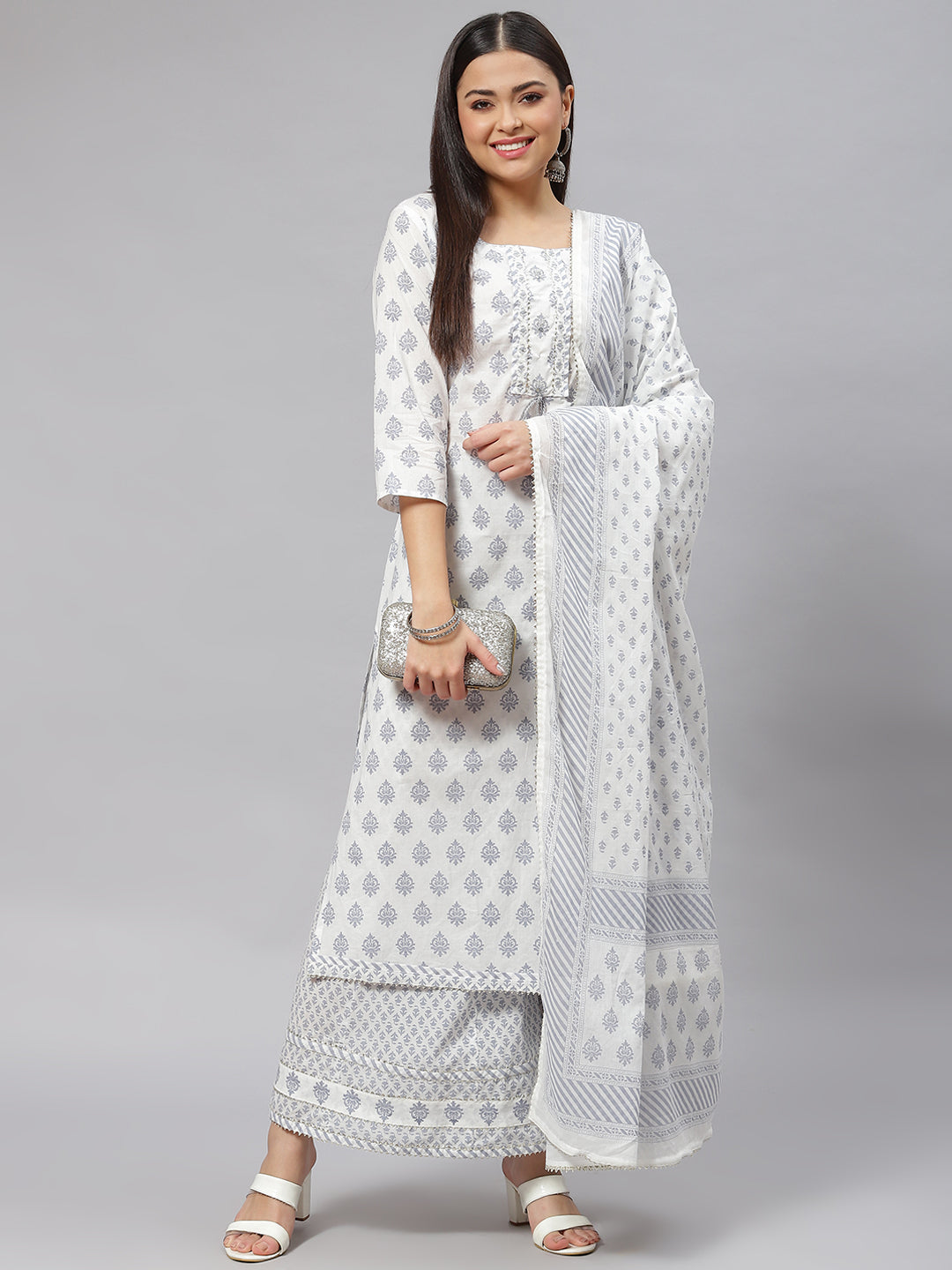 Women White Floral Straight Kurta Palazoo Set With Dupatta | LASVINI - Redefining Indian Fashion with Elegance