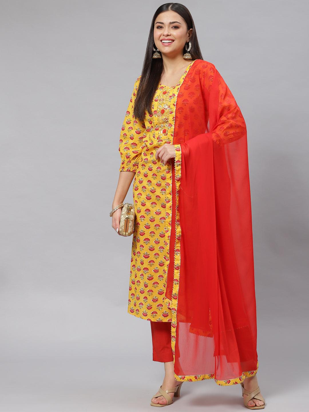 Yellow Floral Cotton Kurta Pant Set With Dupatta | LASVINI - Redefining Indian Fashion with Elegance