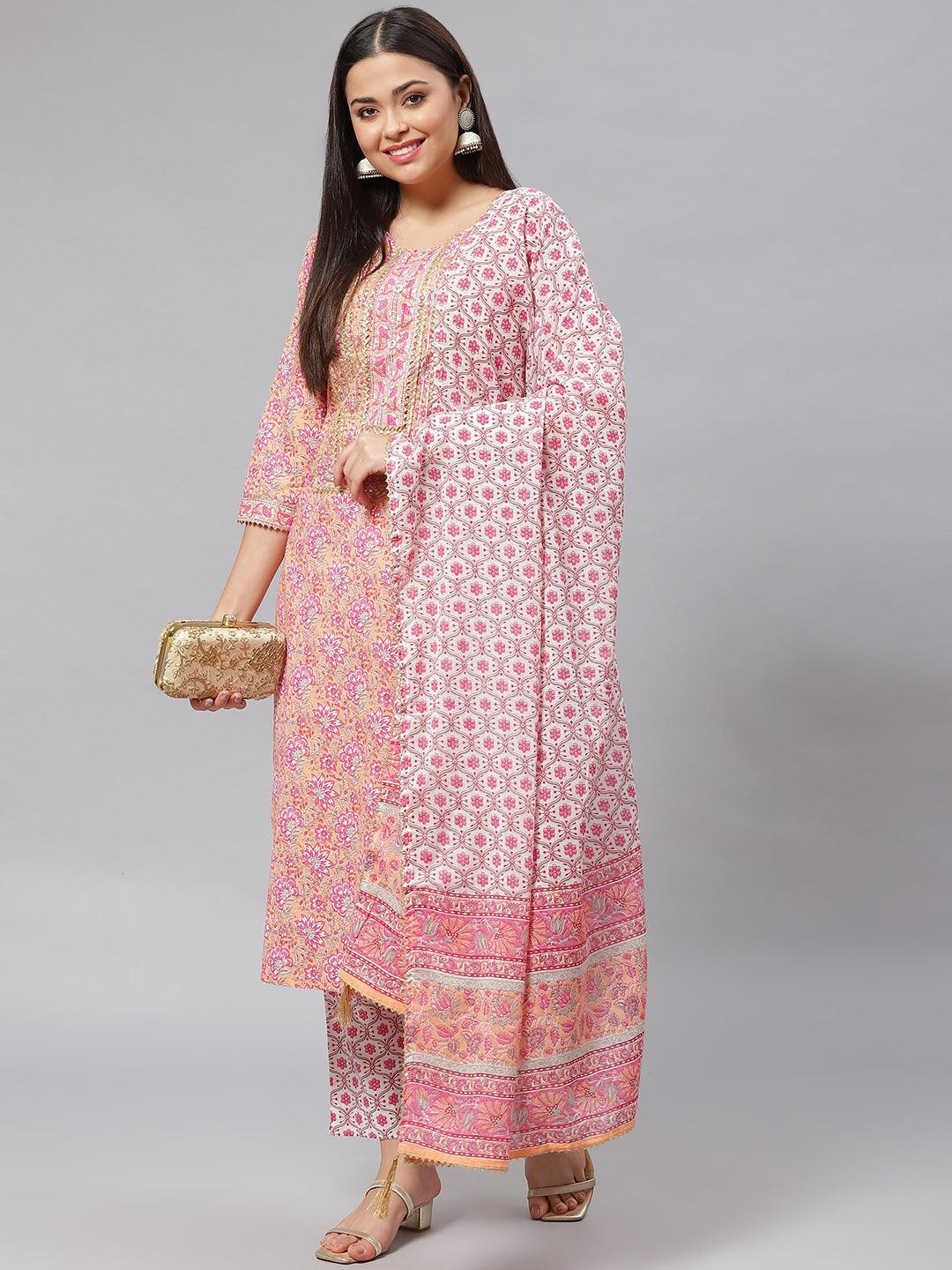 Pink Cotton Kurta Pant Set With Dupatta | LASVINI - Redefining Indian Fashion with Elegance