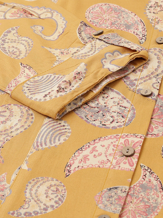 Mustard Yellow Print Mandarin Collar Roll-Up Sleeves Shirt Style Top | LASVINI - Redefining Indian Fashion with Elegance