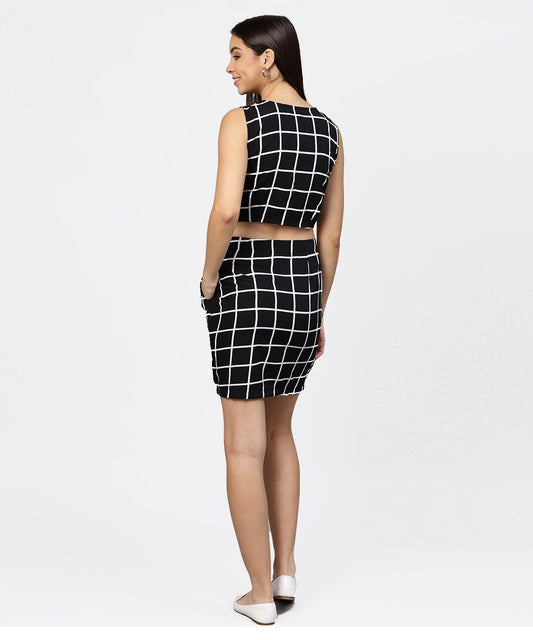 Black Check Boat Neck Crop Top With High Waisted Skirt | LASVINI - Redefining Indian Fashion with Elegance