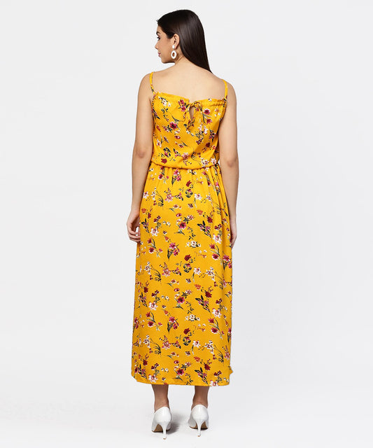 Yellow Printed Shoulder Strapped With A Gather Neckline Maxi Dress | LASVINI - Redefining Indian Fashion with Elegance