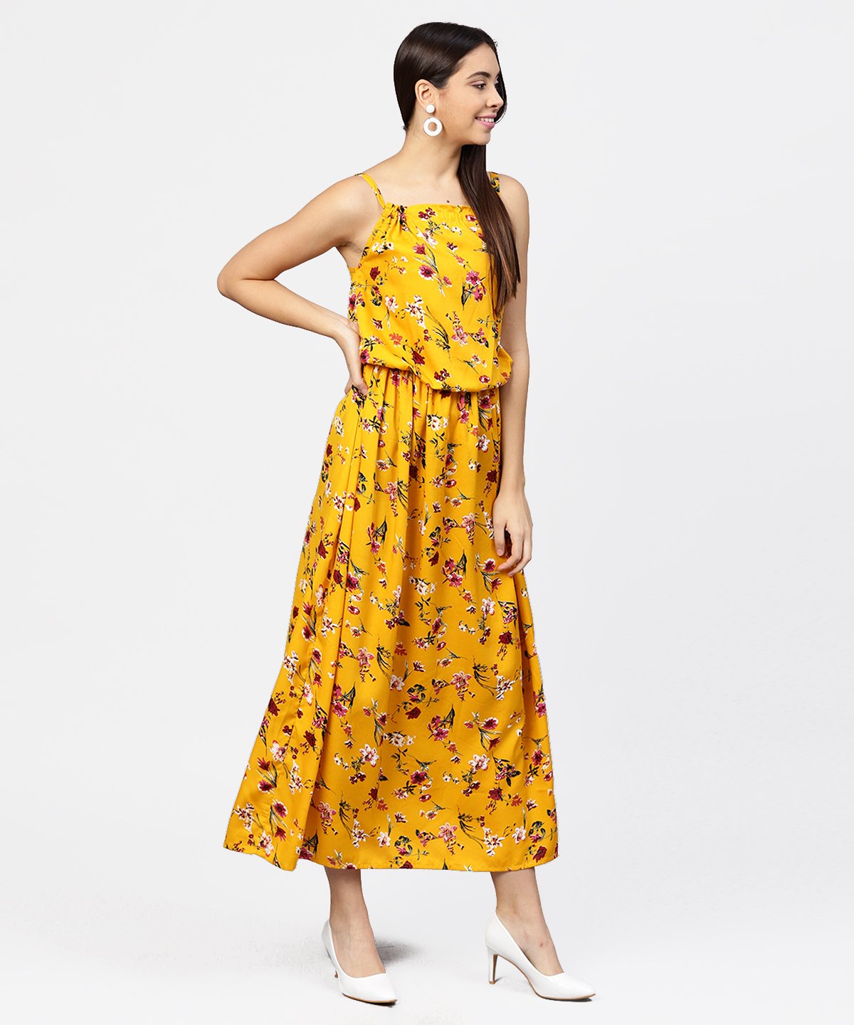 Yellow Printed Shoulder Strapped With A Gather Neckline Maxi Dress | LASVINI - Redefining Indian Fashion with Elegance