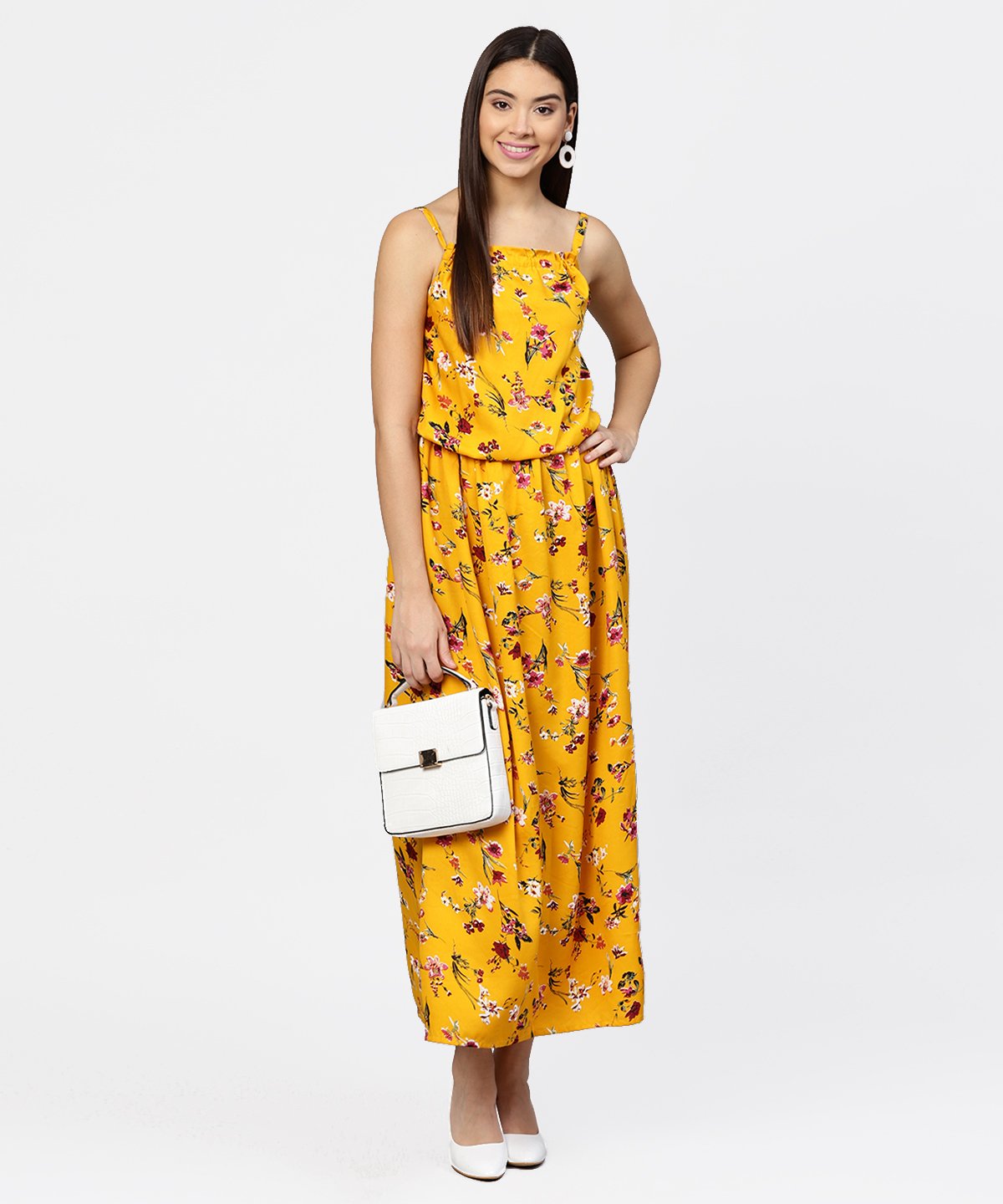 Yellow Printed Shoulder Strapped With A Gather Neckline Maxi Dress | LASVINI - Redefining Indian Fashion with Elegance
